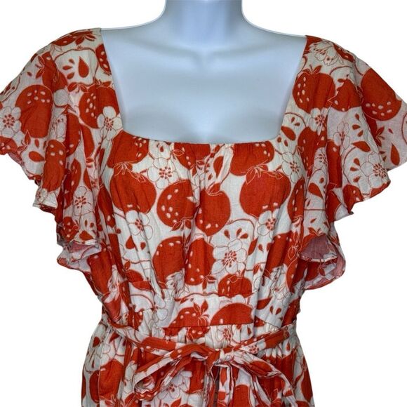 ModCloth Short Flutter Sleeve Orange and Cream Apples Dress Square Neckline XL - Picture 4 of 14